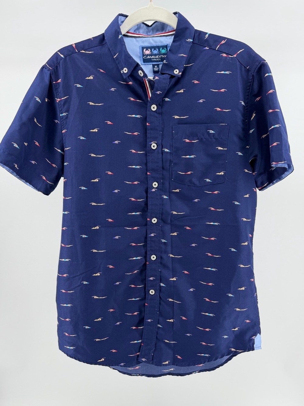 Charleston Threads Swimmer Print Short Sleeved Button-Down Top, Men's Medium